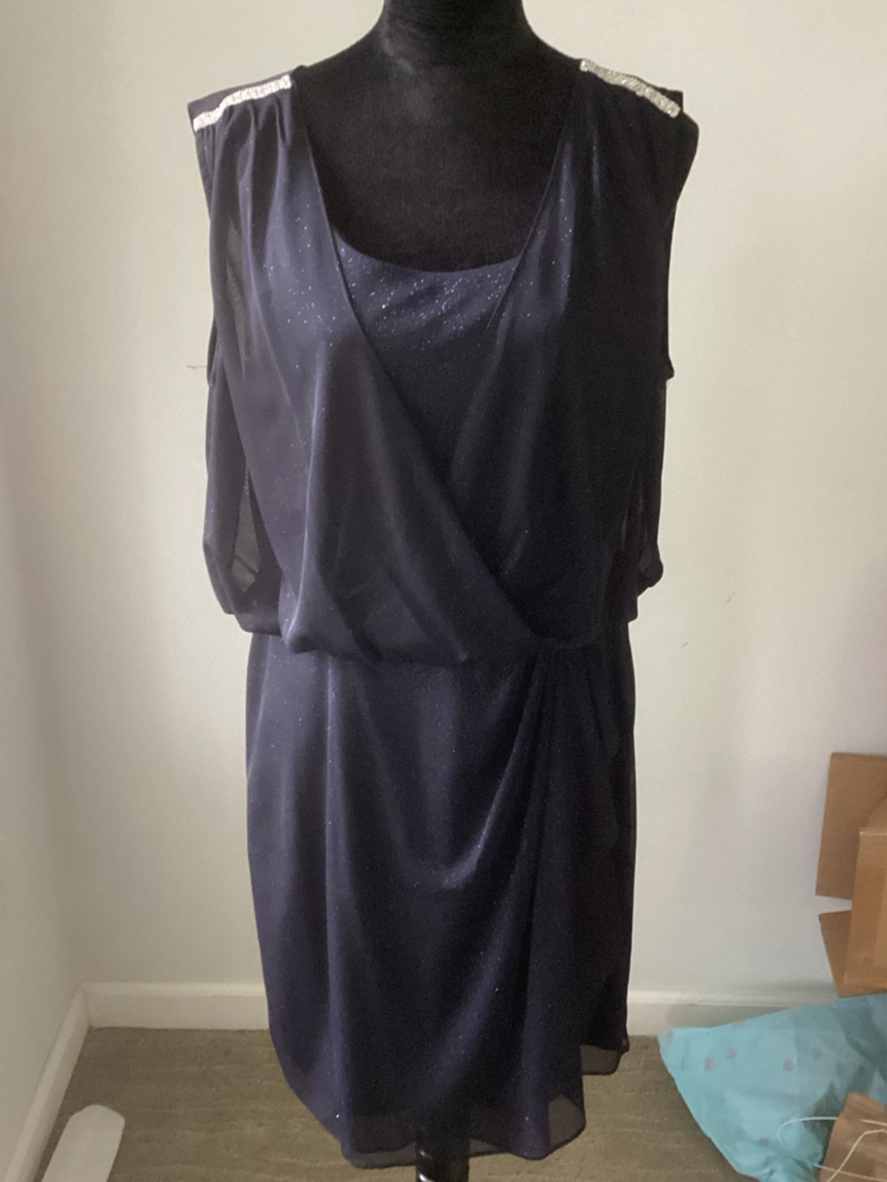 EUC Navy Sparkle Midi Dress with Silver Shoulder Detail